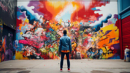 Abstract mural of a streetwear enthusiast walking downtown, colorful graffiti backdrop, bold and...