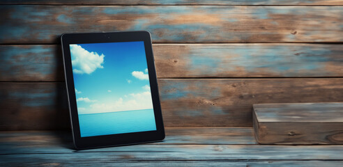 immagine primo piano di tablet con immagine di mare e cielo azzurro su vecchia superficie in legno rustico