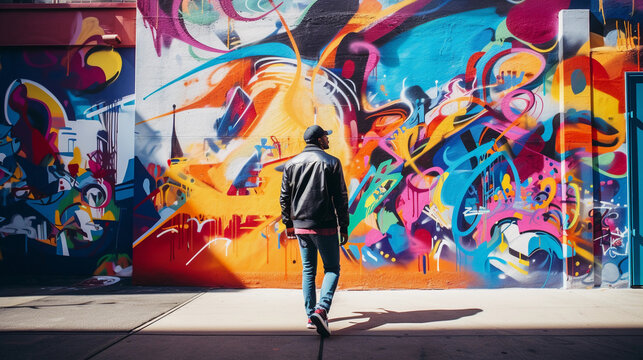 Abstract mural of a streetwear enthusiast walking downtown, colorful graffiti backdrop, bold and modern, fisheye lens perspective, grainy film texture