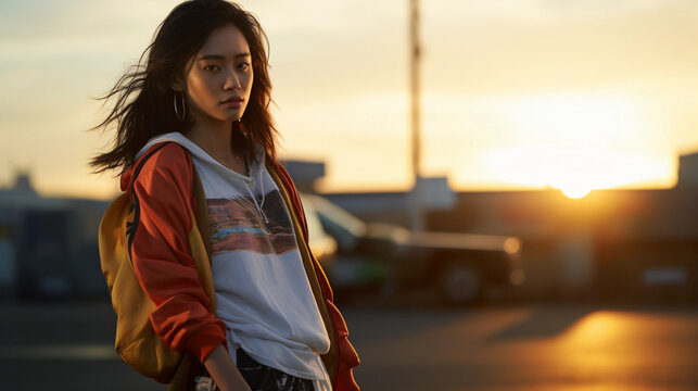 An East Asian Woman, Edgy Street Style, Wearing A Neon Windbreaker, Cargo Pants, Platform Shoes, Holding A Skateboard In A Skate Park At Sunset