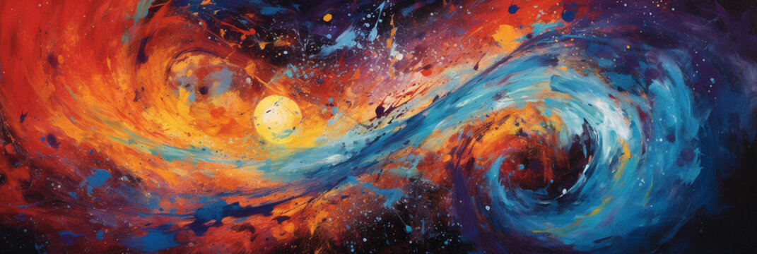 Interpretation of a spiral galaxy, explosion of colors and light, interplay of shadows, textures and forms, high saturation, abstract expressionism, cosmic mystery