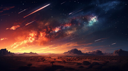 a meteor shower against a dark sky, fiery trails behind each meteor, a silhouette of a desert landscape at the bottom