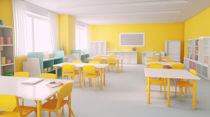 Bright Empty modern kids classroom or kindergarten room in light yellow pastel rainbow colors. 3d render illustration style.