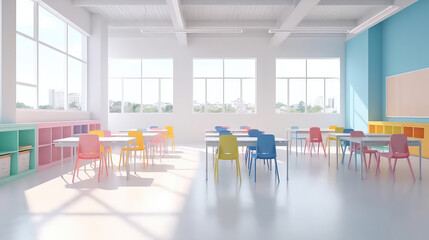 Bright Empty modern kids classroom or kindergarten room in light pastel rainbow colors. 3d render illustration style.