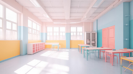 Bright Empty modern kids classroom or kindergarten room in light pastel rainbow colors. 3d render illustration style.
