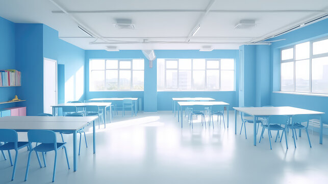 Bright Empty modern kids classroom or kindergarten room in light pastel blue rainbow colors. 3d render illustration style.