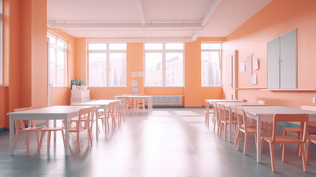 Bright Empty modern kids classroom or kindergarten room in light pastel pink rainbow colors. 3d render illustration style.