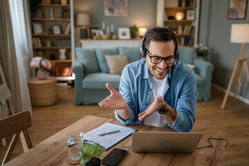 One man caucasian male freelancer work from home on laptop computer