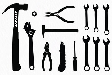 Vector silhouette set of construction tools for labor work and repair