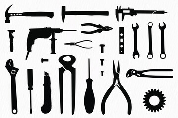 Vector silhouette set of construction tools for labor work and repair