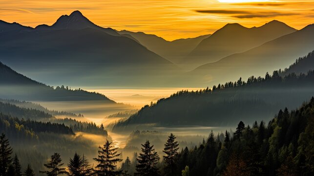 Mountain range at sunrise with fog in the valley