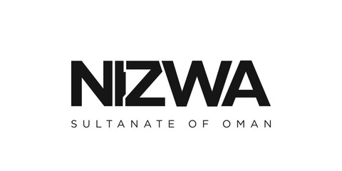 Nizwa in the Oman emblem. The design features a geometric style, vector illustration with bold typography in a modern font. The graphic slogan lettering.