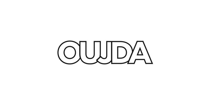 Oujda in the Morocco emblem. The design features a geometric style, vector illustration with bold typography in a modern font. The graphic slogan lettering.