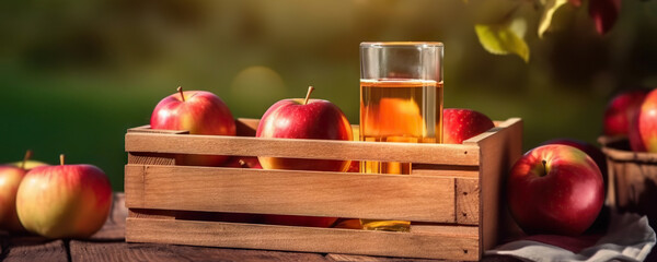 Wooden box of delicious ripe apples and glass of apple juice on apple garden background in summer. Copy space