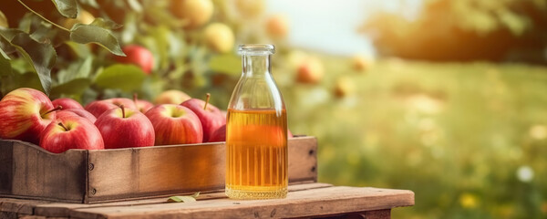 Wooden box of delicious ripe apples and bottle of apple juice on apple garden background in summer. Copy space