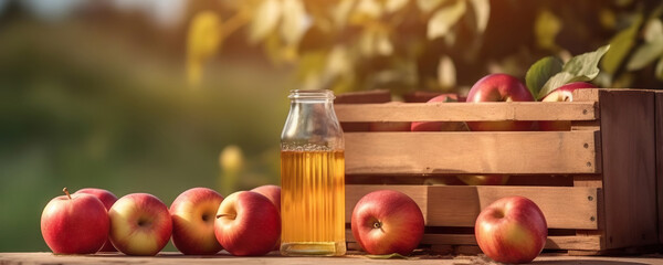 Wooden box of delicious ripe apples and bottle of apple juice on apple garden background in summer. Copy space