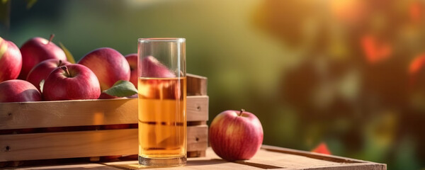 Wooden box of delicious ripe apples and glass of apple juice on apple garden background in summer. Copy space