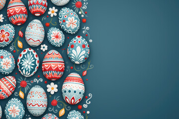 A group of colorful painted easter eggs on a blue background. Easter decorations, copy space.