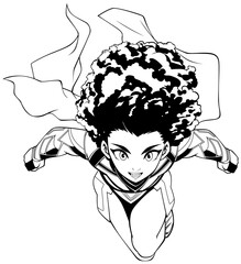 African Female Superhero Flying Anime Line Art