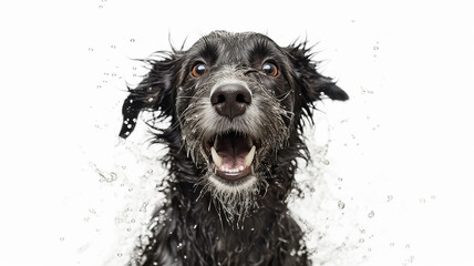 dog shakes off water studio photo white background, happiness joy.