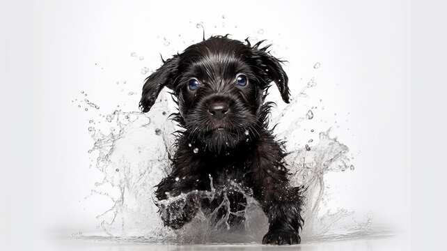 dog shakes off water studio photo white background, happiness joy.