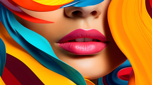lèvres de femme maquillée, entouré de formes graphiques tendance 2024