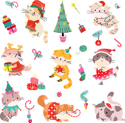 Christmas cat, holiday cats wear sweater and scarf. Ornamental xmas clothes for pets, funny winter kitten with gifts, nowaday vector animal clipart