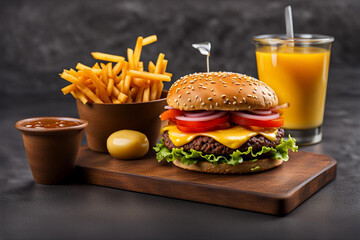 Burger with vegetables and fast food with beef and cream cheese