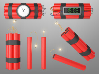 Realistic 3d red dynamite bombs. Detonator tnt bomb and explosive dynamites with timers. Isolated weapon and firecracker, pithy vector elements - obrazy, fototapety, plakaty