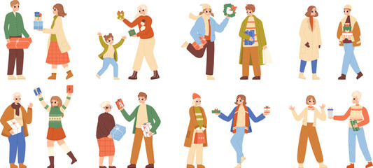 People give christmas gifts for holidays. New year family time, woman man bring and unpacking present boxes. Xmas party snugly vector characters