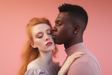 An Unbreakable Bond: Defying Prejudice, Celebrating Love and Unity with a Vibrant Portrait of an Interracial Couple on a Pink Palette