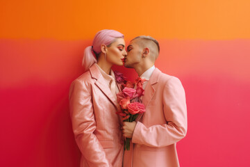 A Vibrant Celebration of Love and Unity: Portrait of an LGBTQ+ Couple on a Pink Background