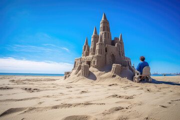 A wheelchair user enjoys building a sandcastle on the beach, with the beautiful blue ocean as a backdrop, embracing inclusivity and the joy of outdoor leisure activities.