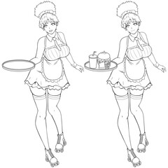 Anime Waitress Black Girl Line Art