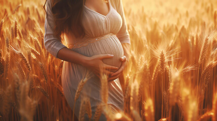 Pregnant woman in pretty beige lace long dress on wheat field. Creative concept wallpaper of motherhood, parenthood, pregnancy and birth.