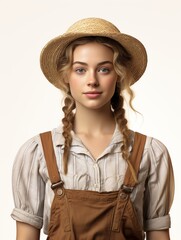 Beautiful woman dressed as a farmer on white background Ai Generative