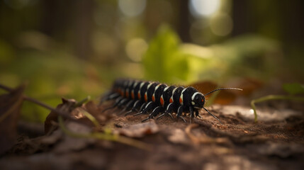 A caterpillar walking through a forest