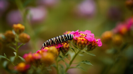 A caterpillar walking through a garden
