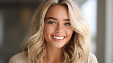 Fototapeta premium Young smilling blonde woman posing on soft blur background. 