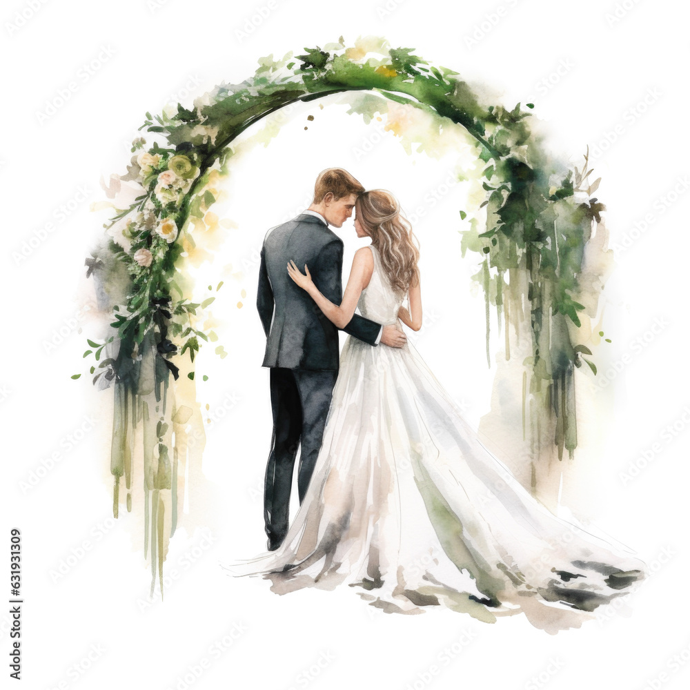 Wall mural watercolor groom and bride under romantic archway painting. wedding clip art, isolated on white. - Wall murals
