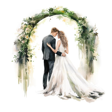 recommend clip art: Watercolor Groom and Bride Under Romantic Archway Painting. Wedding Clip art, Isolated on White.