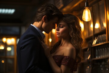 Beautiful young couple in love hugging and looking at each other while standing in a restaurant