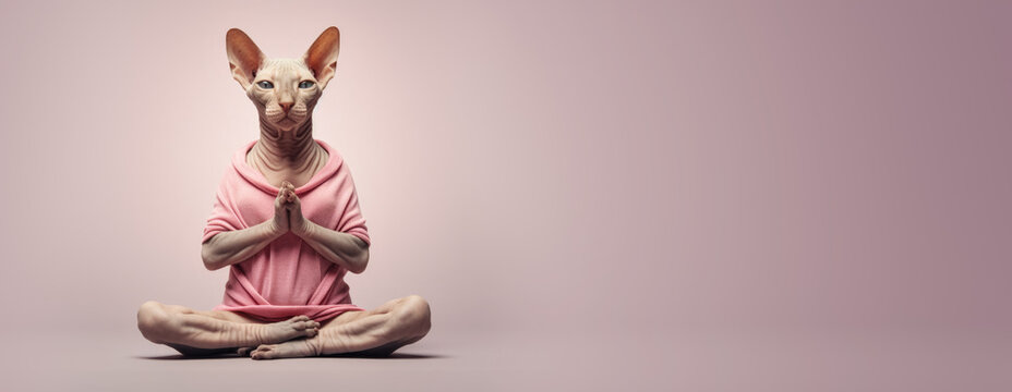 Calm looking sphynx cat wearing simple clothes, sitting on ground in lotus like position. Zen meditation concept, Banner with space for text at side. Generative AI