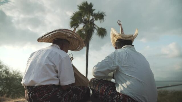 Two people sitting under the palm tree, playing string instrument of sasando