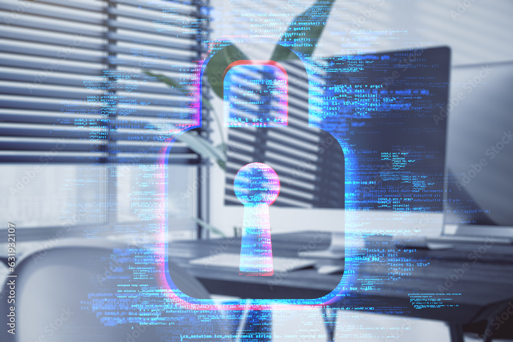 Poster close up of computer monitor on desk with creative digital safety hologram on blurry office interior