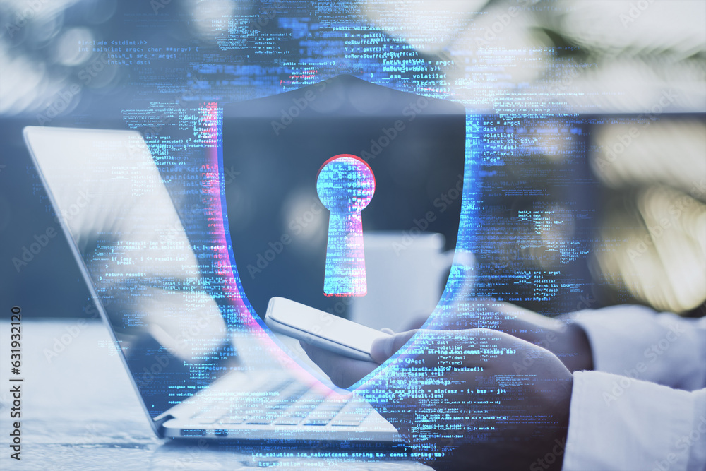 Poster close up and side view of male hands using laptop computer and cellphone at desk with creative digit