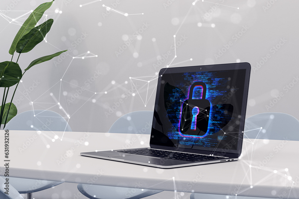 Poster close up of modern designer workplace with laptop and creative polygonal digital safety hologram on 