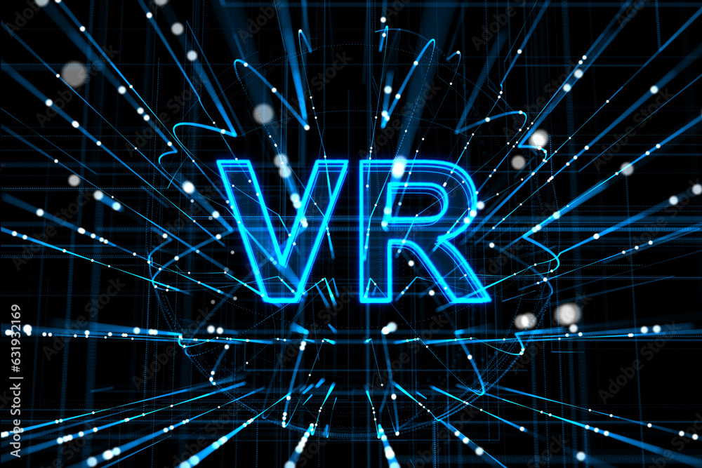 Poster Creative VR globe and lines hologram on dark background. Virtual reality and metaverse landing page concept. 3D Rendering.