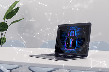 Close up of modern designer workplace with laptop and creative polygonal digital safety hologram on blurry background. Secure, protection and hacking concept. 3D Rendering.