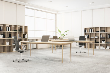 New concrete and wooden office interior with window, furniture, equipment and daylight. 3D Rendering.